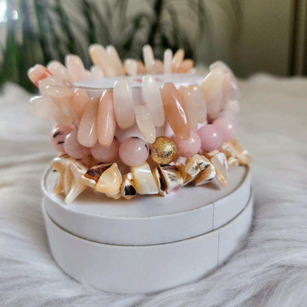 New Ryze Natural Stone Rose Quartz & White Druzy Bracelet Staxx - Set of 3 - Picture 2 of 7